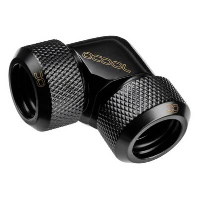 'Black 90-degree angled piece with knurled ends, marked with the 'acool' logo. Used for water cooling in computers.'