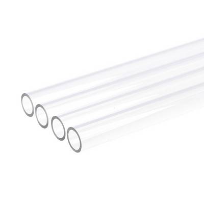 Four transparent glass tubes lie side by side on a white background. They appear hollow and glossy.