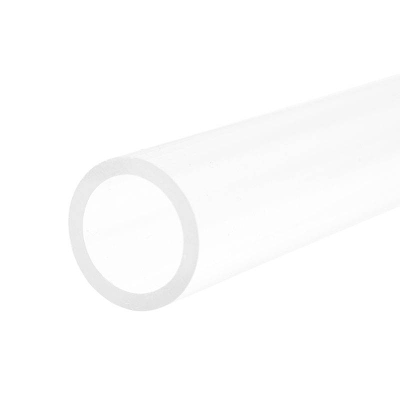 Transparent plastic tube, cylindrical and hollow, on a white background.