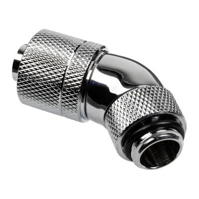 A silver, angular metal connector with threading and a reflective surface, most likely for pipes or hoses.