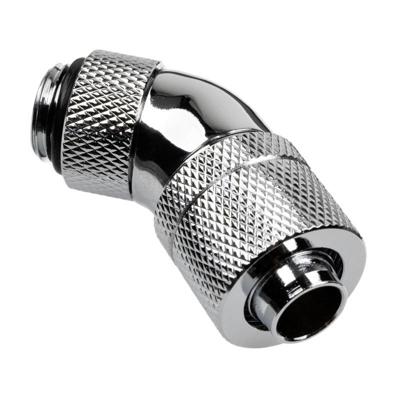 A chrome-plated 45-degree angled connector with a knurled surface, suitable for pipe connections in technical applications.