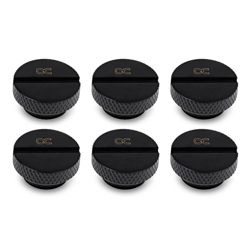 Six black round screw stoppers in two rows. Top surface with engraved logo. Textured design for better grip.