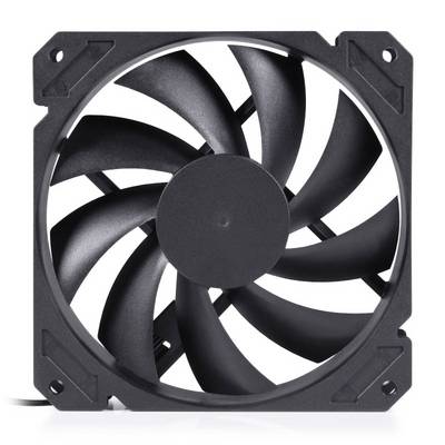 A black computer fan with multiple rotor blades, mounted in a square frame. Suitable for cooling hardware.