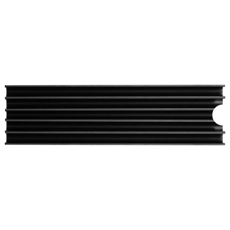 A black, rectangular aluminium profile with multiple longitudinal grooves and a recess on the right-hand side.
