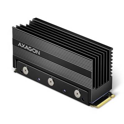 A black, ribbed heat sink component from AXAGON, used for cooling electronic components, such as those found in computers.