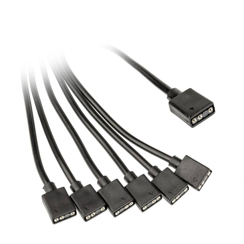 A black cable with one connector splits into six separate connectors that diverge evenly.