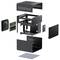 Disassembled mini PC case with components such as ventilation parts, frame, fan, and side panels, revealing its internal structure.