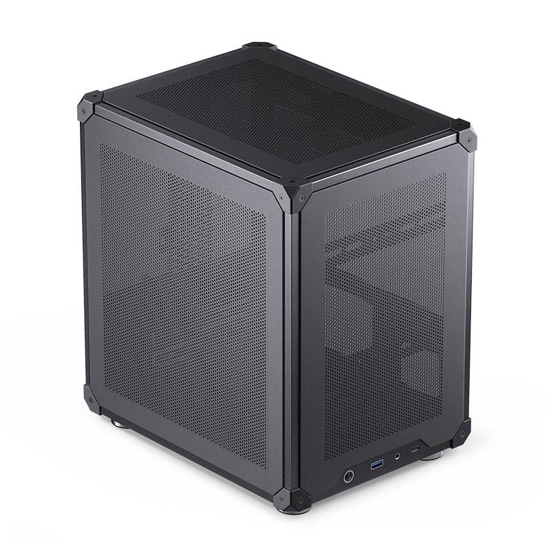 A black, cubic computer case with mesh sides and a solid top, showing ventilation design and front ports.