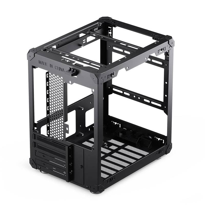 Black, open metal computer case with a rectangular frame and multiple mounting slots. Upper part is labelled with 'Made in China'.