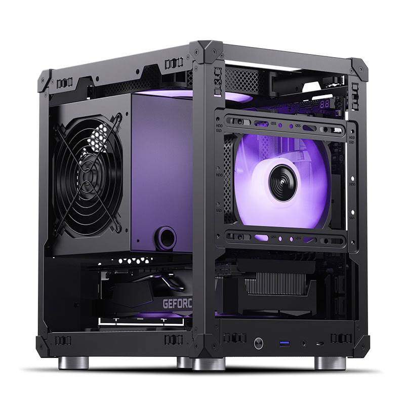 An open computer case cube with a large fan glowing purple. Internal components and graphics card are visible.