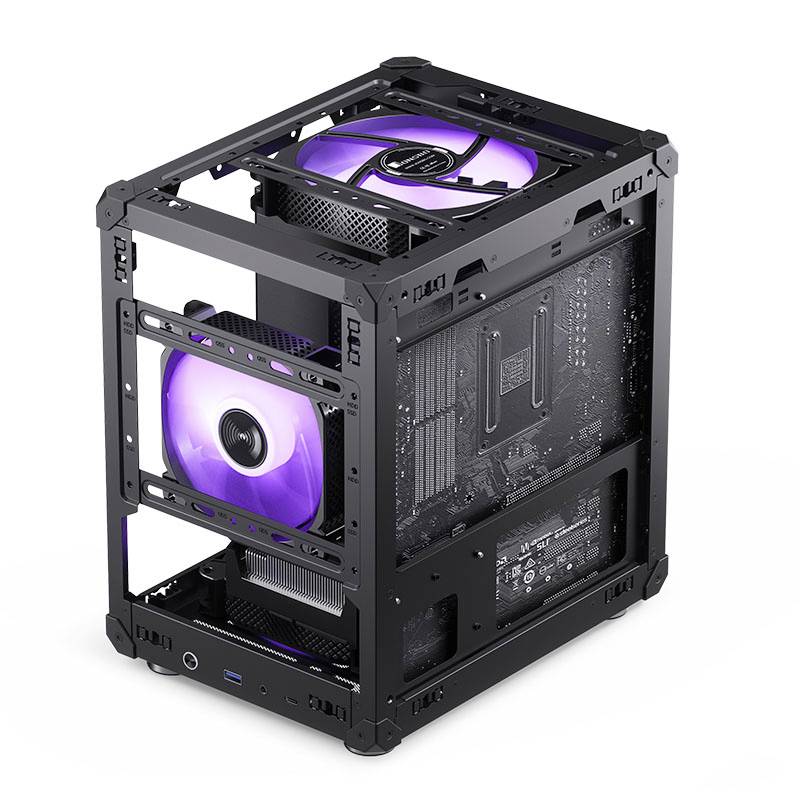 Black, open computer case with visibly installed fans that glow purple.
