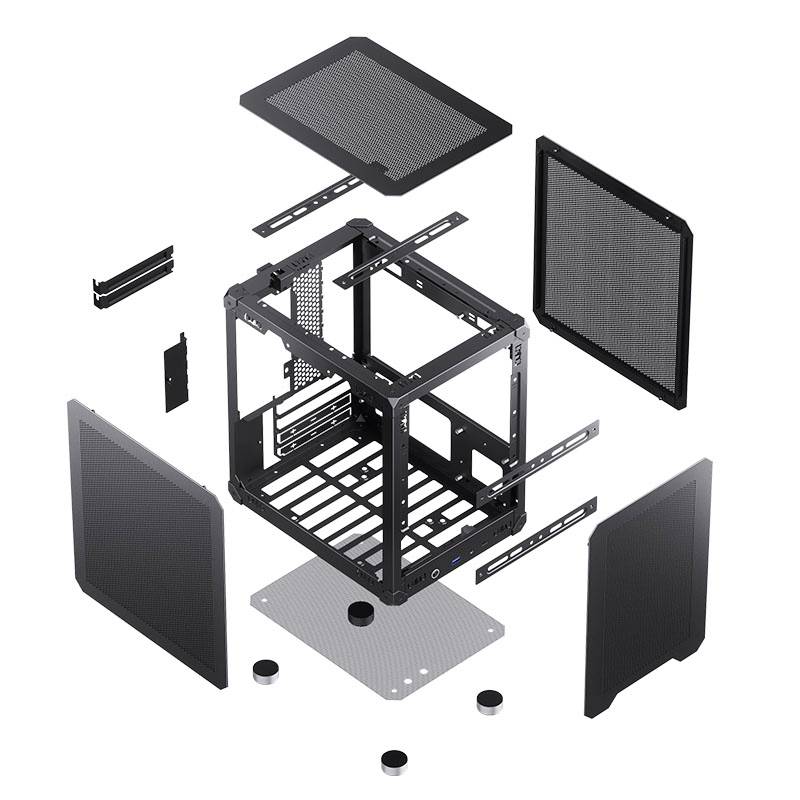 Dismantled computer case components in an exploded diagram. In the centre sits the frame, surrounded by positioned side panels and accessories.