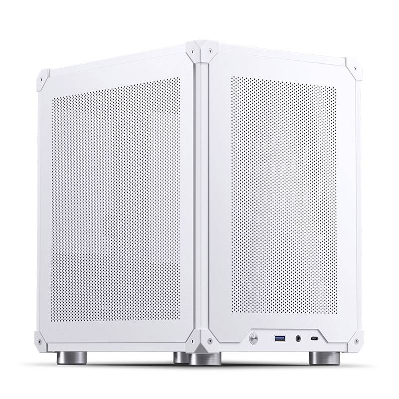 A white, cube-shaped PC tower case with perforated design for ventilation. Features USB and audio ports at the front. Minimalist design.
