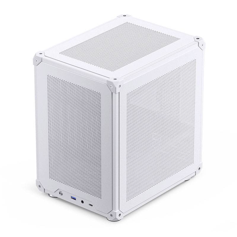 A white, cube-shaped computer case with perforated sides, recognisable by clean lines and modern design.
