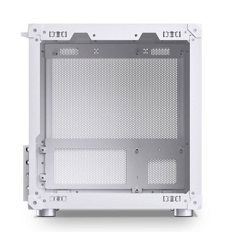 A blank, white computer tower case with perforations on the front and underside for air circulation, placed on a neutral surface.