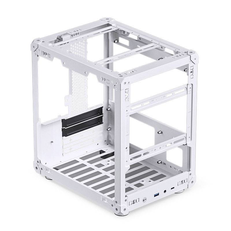 An open, white metal PC case with a rectangular shape, revealing the structure and internal arrangement of hardware without any casing.
