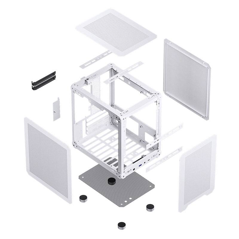 Exploded view of a white PC case with removable side panels, grilles, and stand feet. All components are suspended apart from each other.