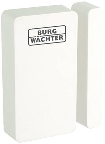 A white door or window sensor with the inscription 'Burg Wächter', consisting of two rectangular parts.