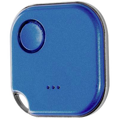 Small, square, blue device with rounded corners, one button and indented dots on the front, likely a tracker.
