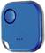 Small, square, blue device with rounded corners, one button and indented dots on the front, likely a tracker.