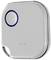 A rectangular, silver pendant with a blue button and three small markings underneath. It has a rounded shape.