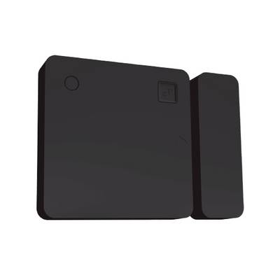 A black, rectangular sensor comprising two parts; potentially part of a security system.