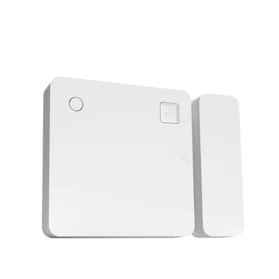A white square sensor with a round button and a smaller rectangular part beside it. Potentially a magnetic contact switch.