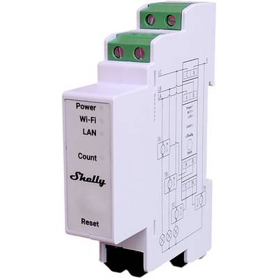 A white electric power meter with 'Shelly' printed on it. Displays indicators for Power, Wi-Fi, LAN and Count.