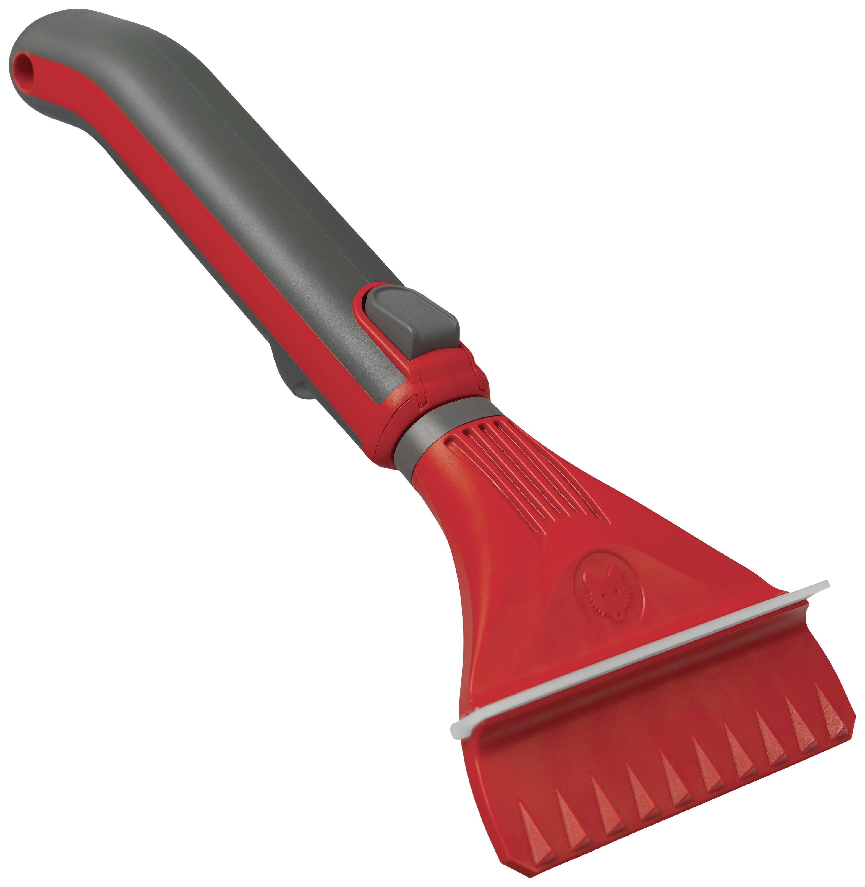 Red ice scraper with grey handle and integrated sweeping brush; for removing ice and snow from car windscreens.