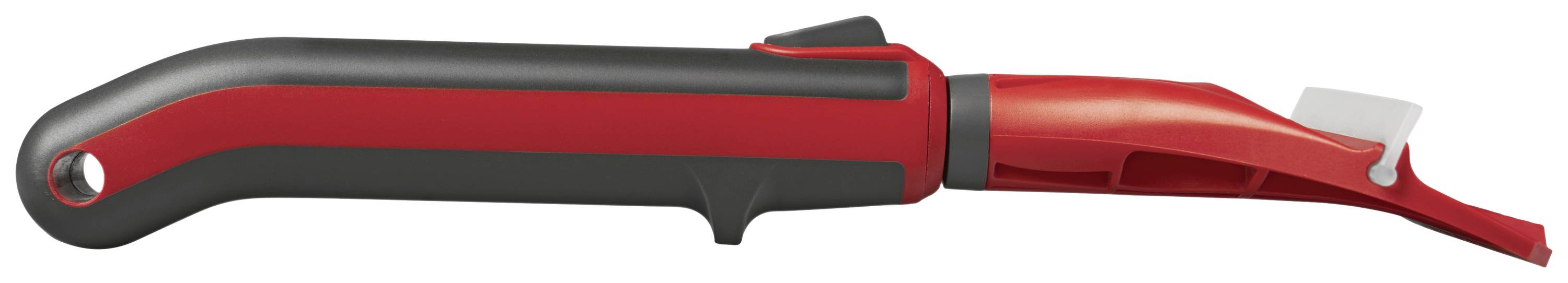 A ergonomically shaped, red and black safety knife with a rounded handle and protective cap, suitable for precise cutting.