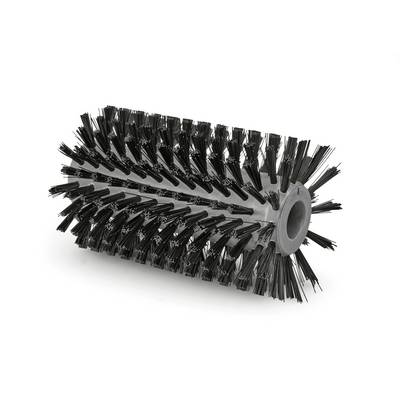 A black, round brush roller with densely arranged bristles positioned in a cylindrical pattern, set against a white background.
