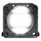 A square, black vehicle light with a large, illuminated, round lens in the centre. There are four screws at the corners.