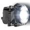 A lit LED headlight in a modern, black casing. Ideal for vehicle lighting with clear light projection.