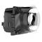 A black, rectangular headlight housing with a round, clear lens on the right side.