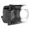 Headlamps of a vehicle, black with round glass and specified LED lighting technology, against a white background.