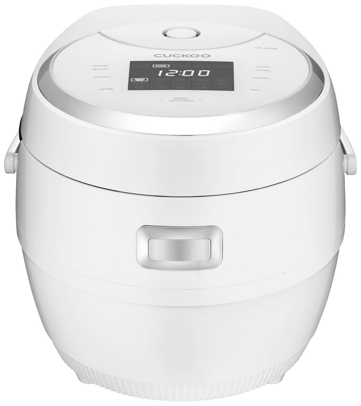 White rice cooker with display and timer function, closed. Brand name on top of the device.