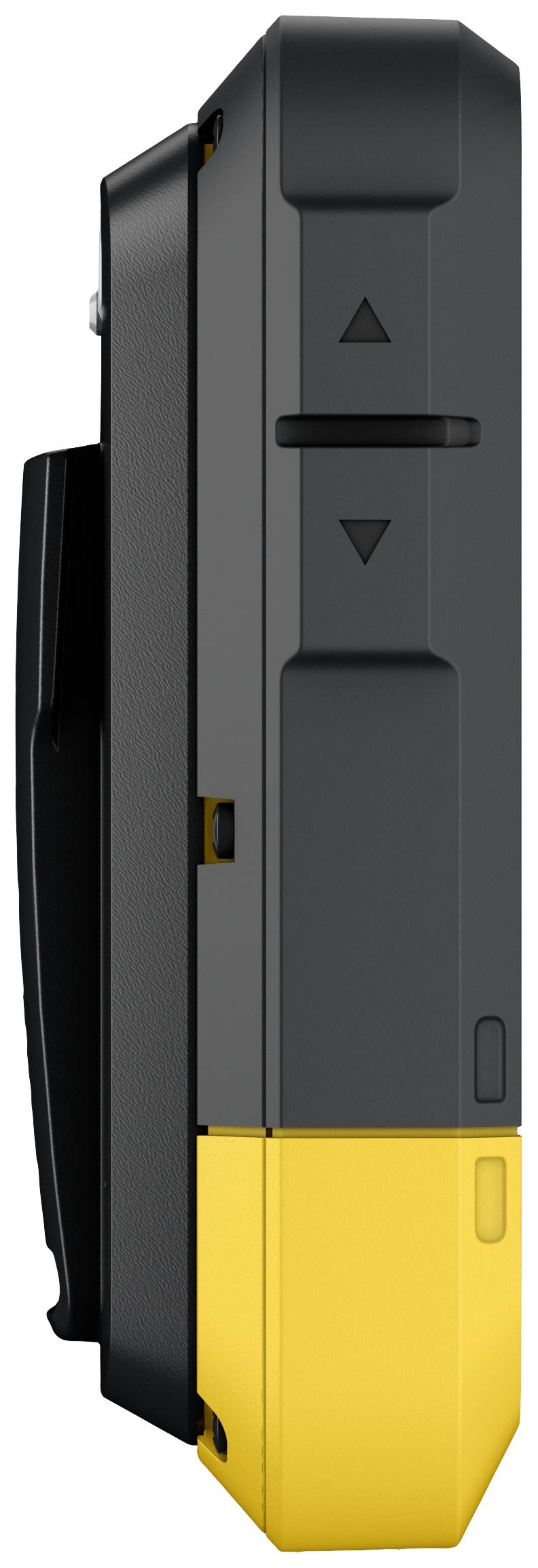 Portable radio transceiver shown from the side, black with a yellow base, two arrow buttons for control visible.