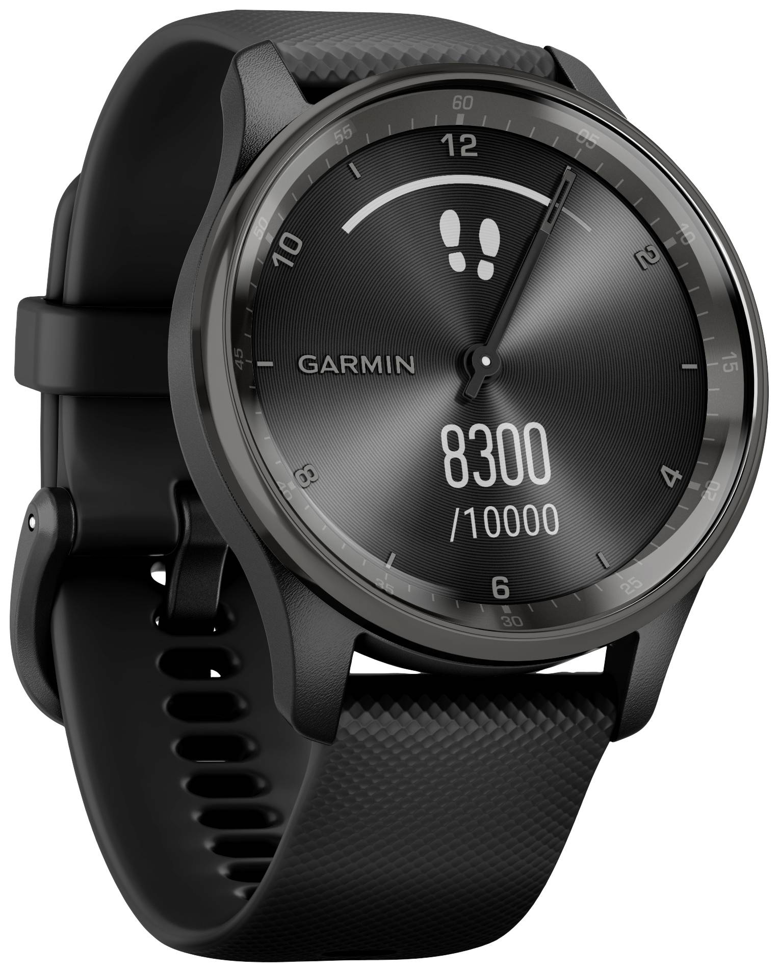 Black Garmin wristwatch with step counter display. The counter shows 8,300 out of 10,000 steps. Fitness tracking function.