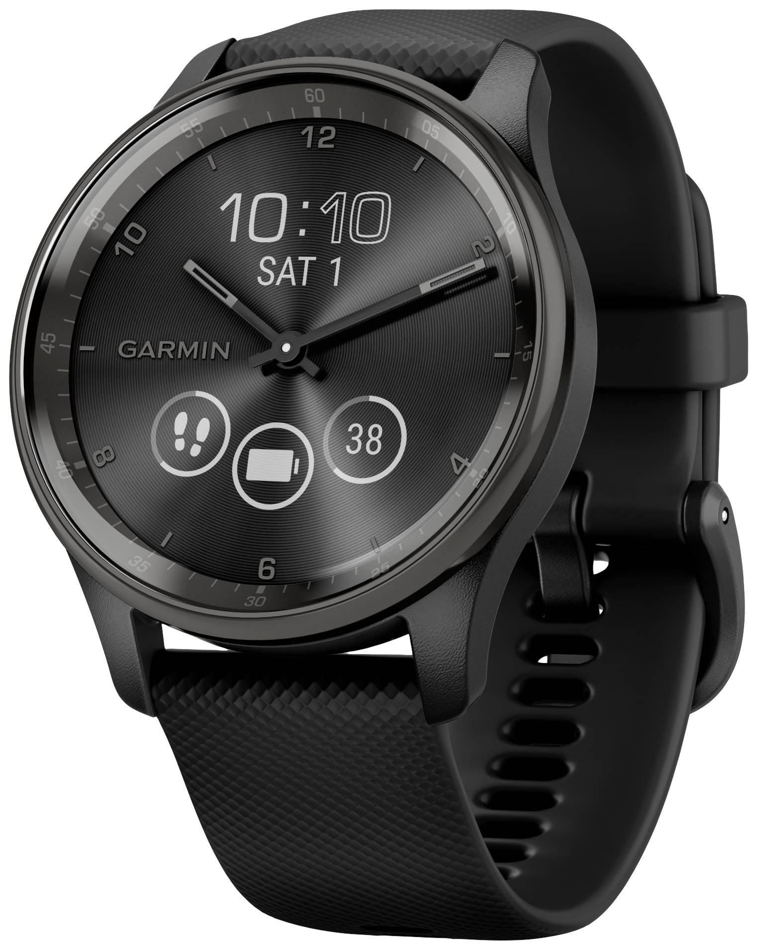 A black smartwatch with a round dial shows the time '10:10', the date 'Saturday 1st' and three symbols on the display.
