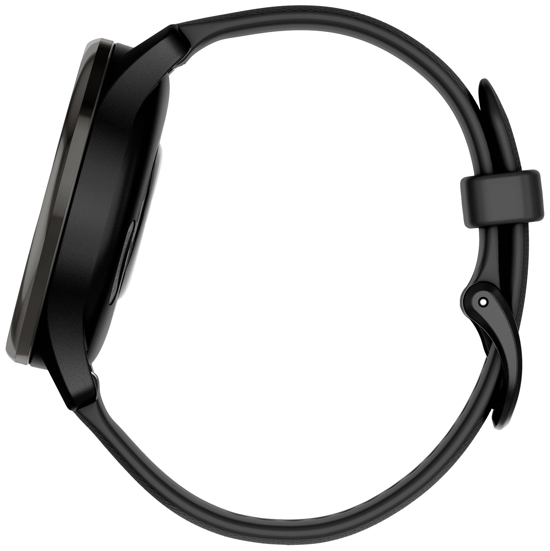 A black wristband with a round, dark watch, shown from the side.