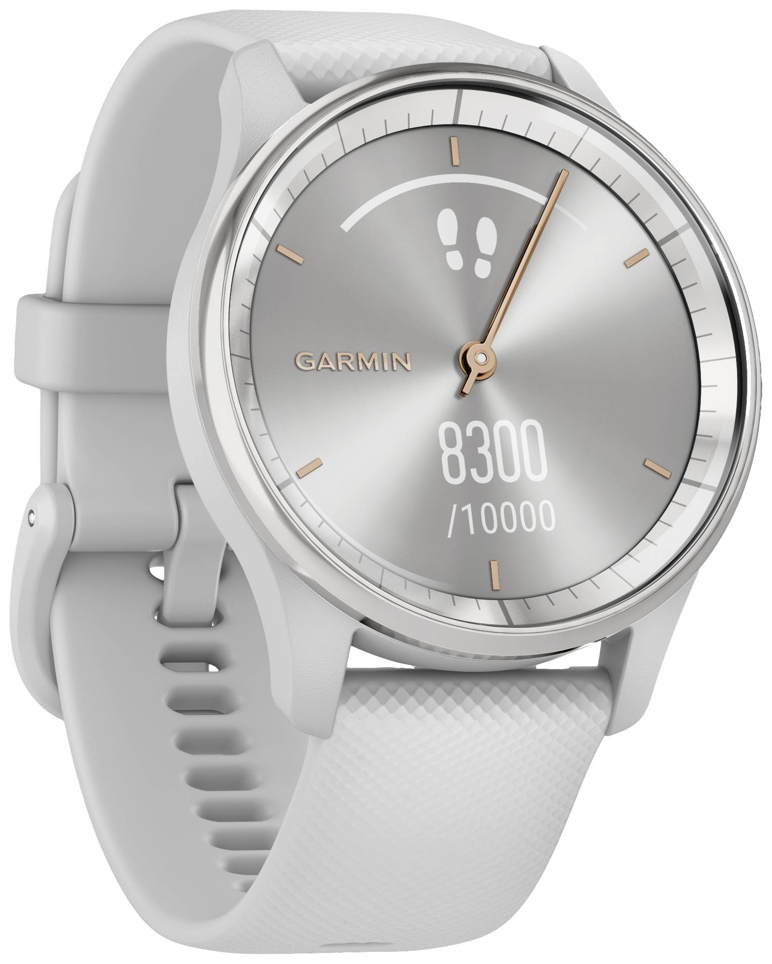A silver smartwatch with step counter display. Shows 8,300 out of 10,000 steps. Brand name and stylised footprints visible.