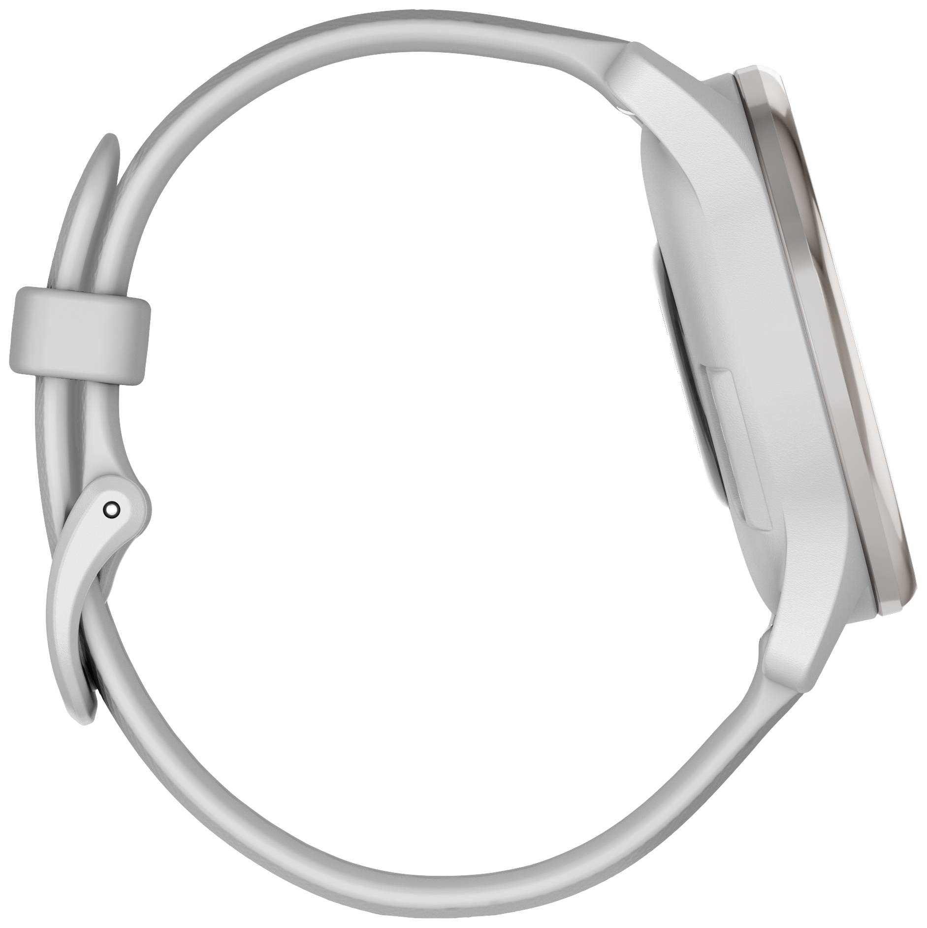 A grey smartwatch with a rounded display, viewed from the side. The wristband is simply designed.