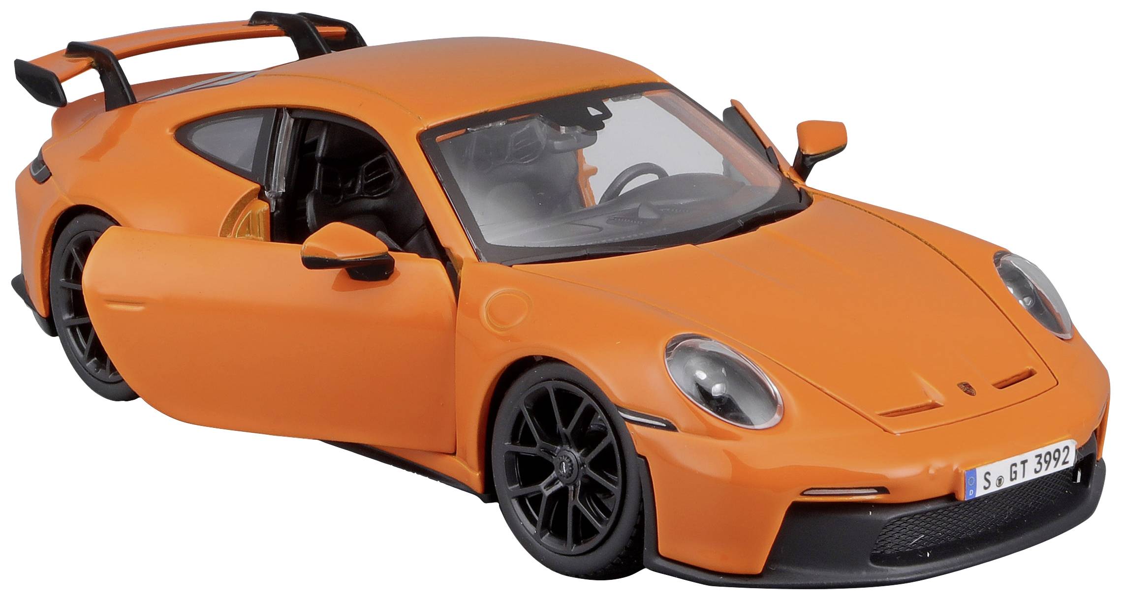 An orange sports car with an open driver's door and black interior. It has a distinctive rear spoiler and black wheels.