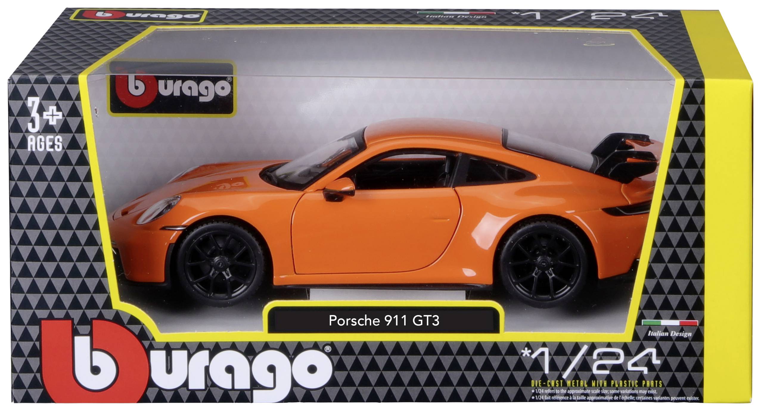 Toy model of an orange Porsche 911 GT3 in packaging with a transparent viewing window, suitable for children aged 3 and over.