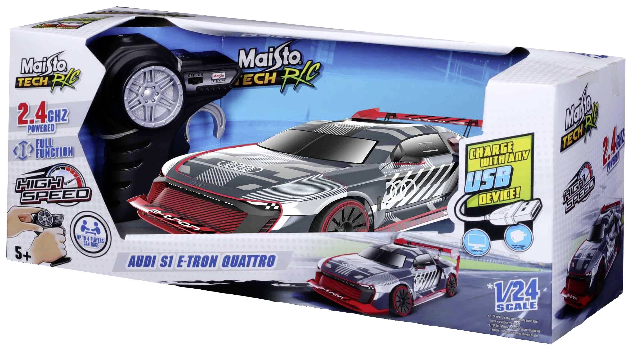Packaging for a remote-controlled Maisto Tech RC car, model 'Audi S1 E-Tron Quattro', with remote control, 2.4 GHz, USB charging.