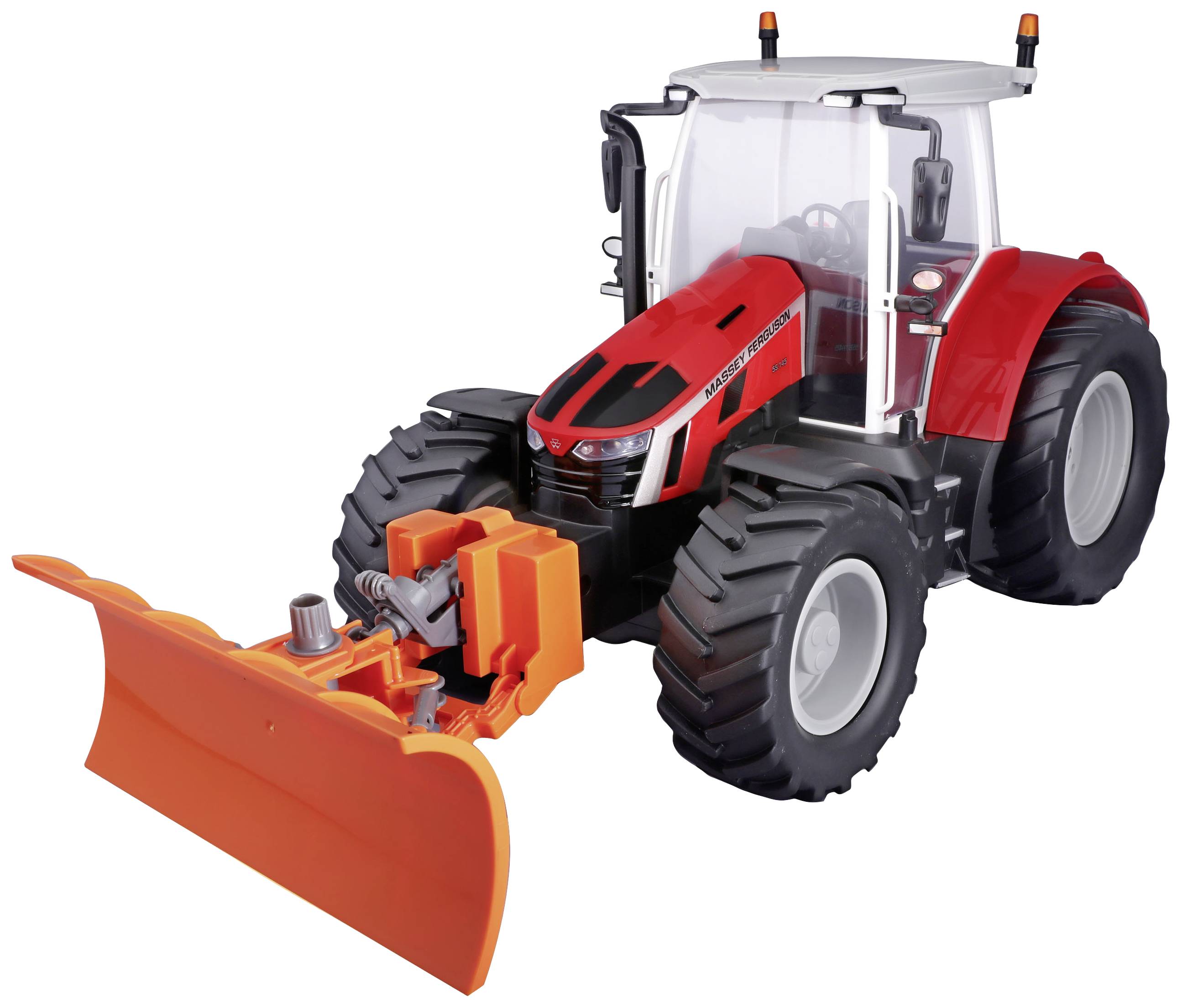 A red toy tractor with an orange snowplough at the front. The tractor has large rubber tyres and clear windows.