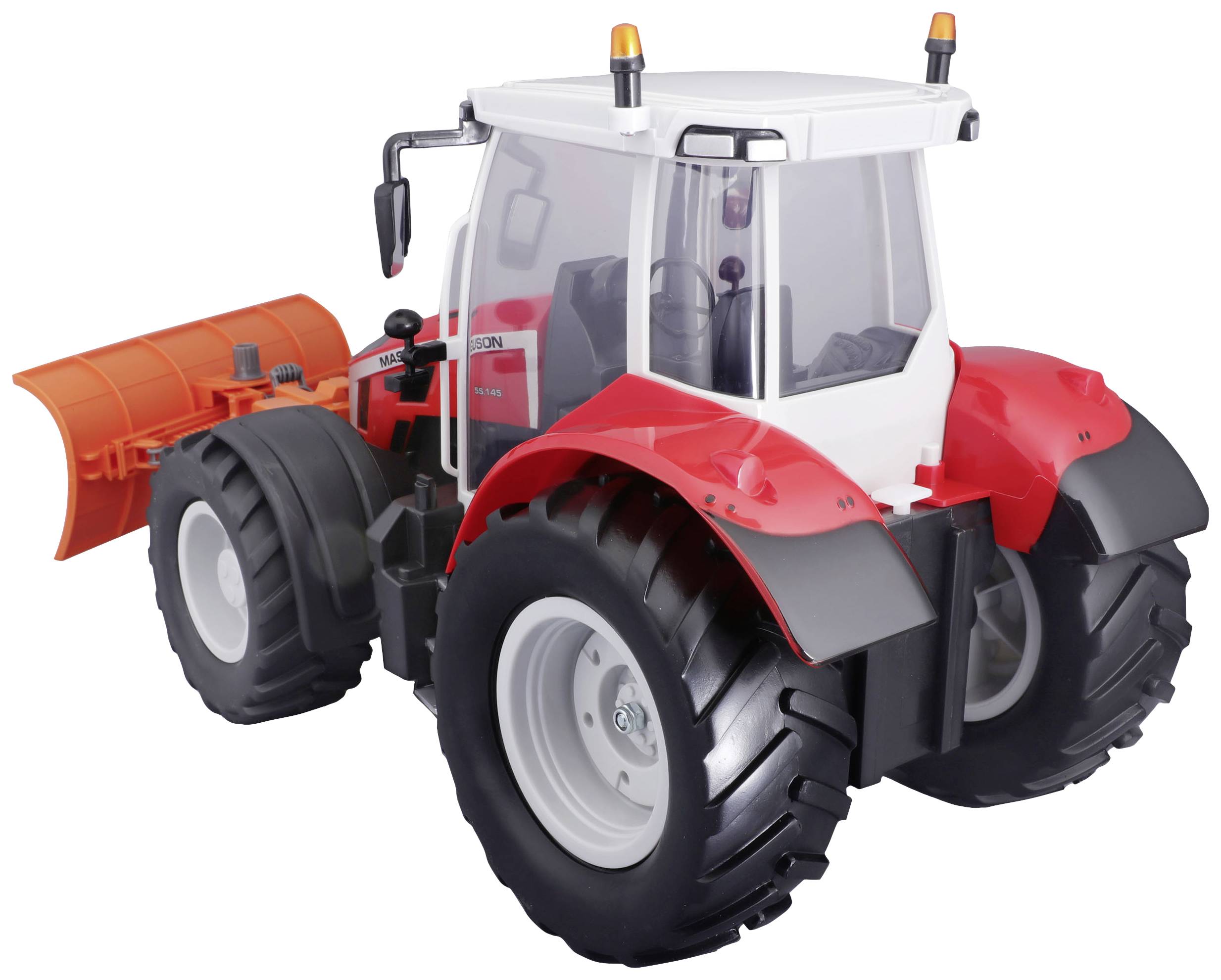 Red and white toy tractor with large tyres and a front snow plough, suitable for children to play with outdoors.
