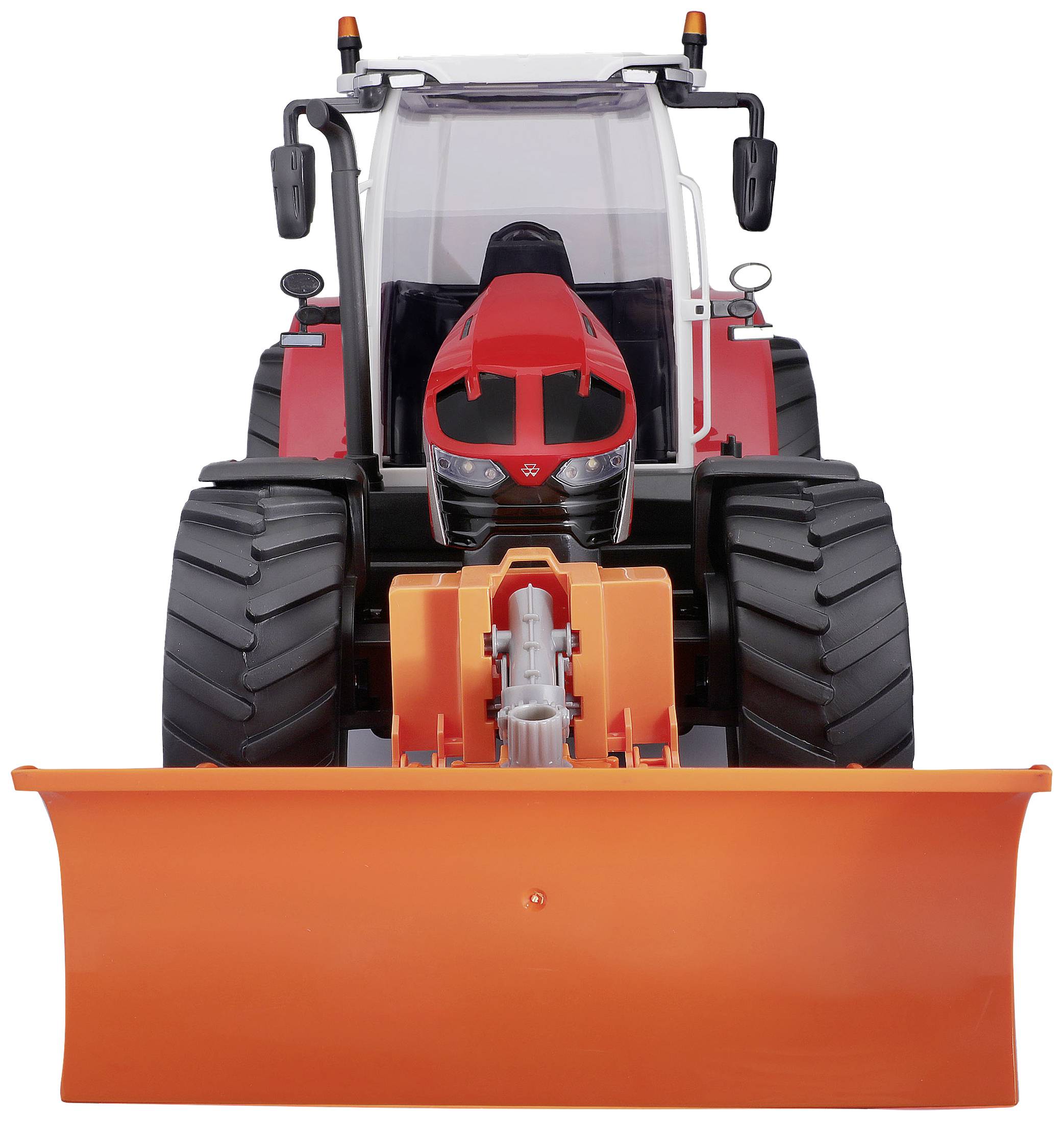 A red tractor with large black tyres and an orange snow plough at the front.
