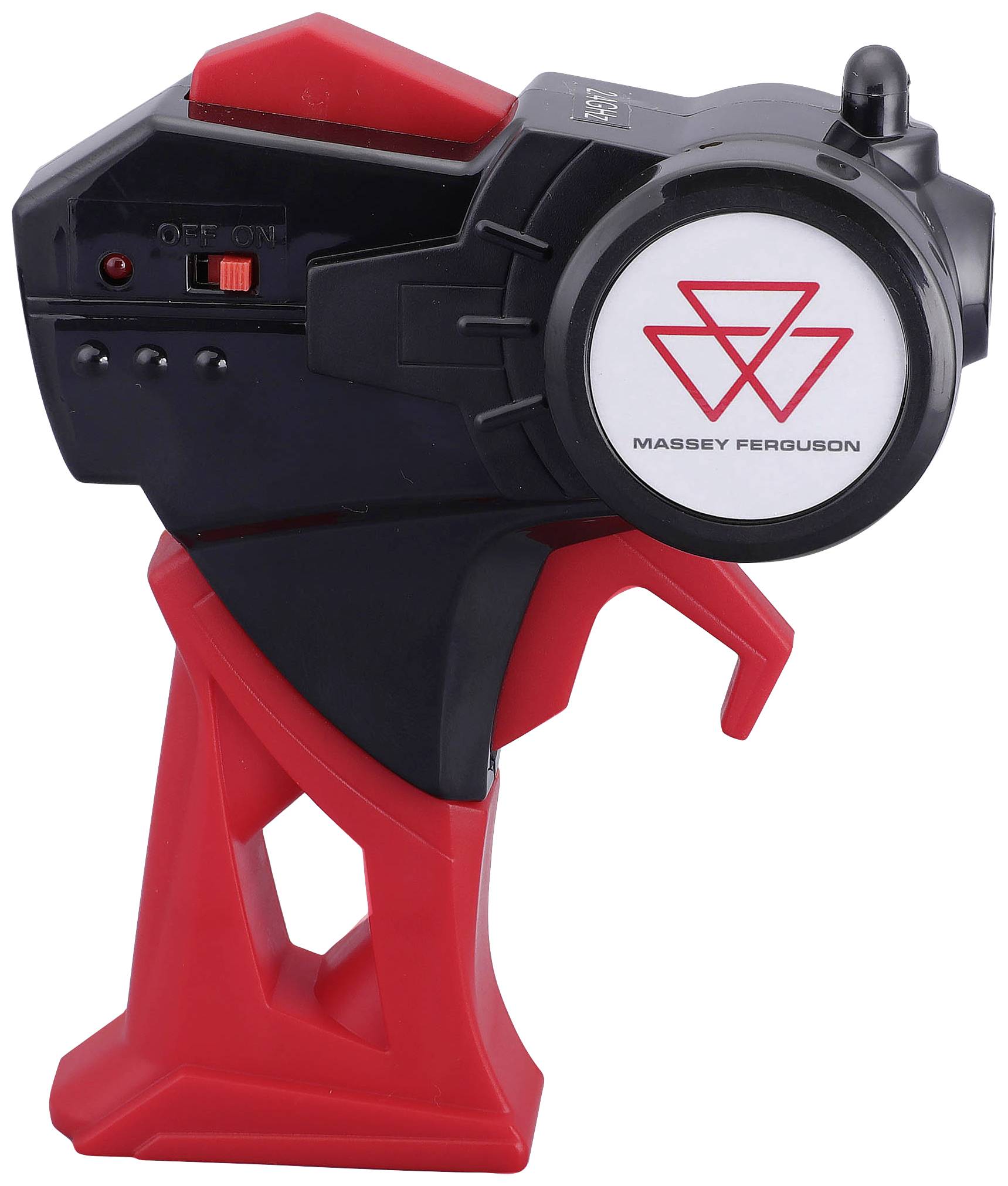 Handheld device in red and black with a Massey Ferguson logo. Evidently a control or operating element with switches and levers.