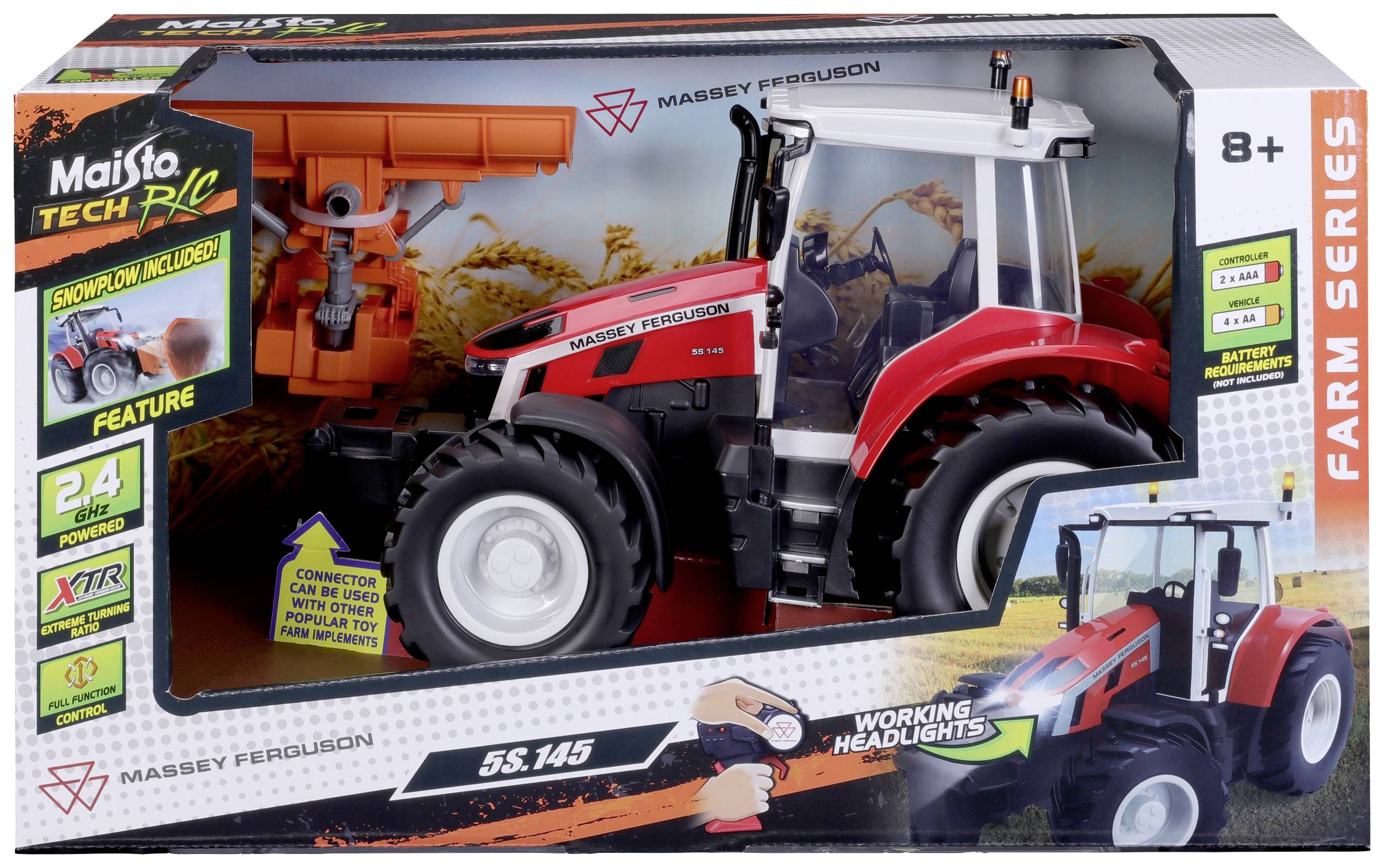 Toy model of a red Massey Ferguson tractor, packaged in a box. Includes snow plough accessories. Suitable for ages 8 and up.